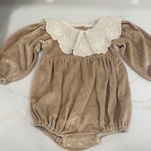 Baby girl velour romper with beautiful drill embroidered collar. Size Medium/18m